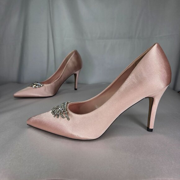 NWT Rag & Co Rhodolia Diamante Brooch Detail Satin Pumps - Blush - Picture 1 of 9